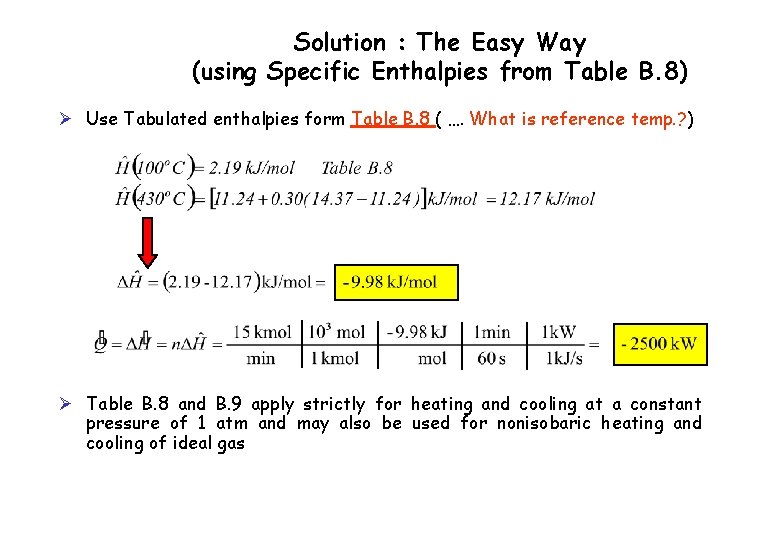 Solution : The Easy Way (using Specific Enthalpies from Table B. 8) Ø Use