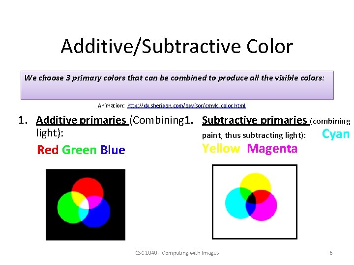 Additive/Subtractive Color We choose 3 primary colors that can be combined to produce all