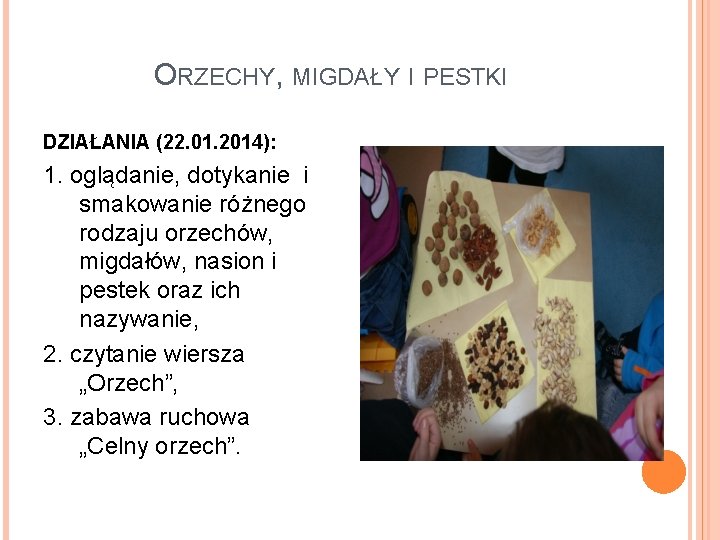 ORZECHY, MIGDAŁY I PESTKI DZIAŁANIA (22. 01. 2014): 1. oglądanie, dotykanie i smakowanie różnego