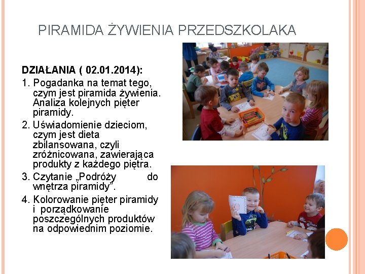 PIRAMIDA ŻYWIENIA PRZEDSZKOLAKA DZIAŁANIA ( 02. 01. 2014): 1. Pogadanka na temat tego, czym