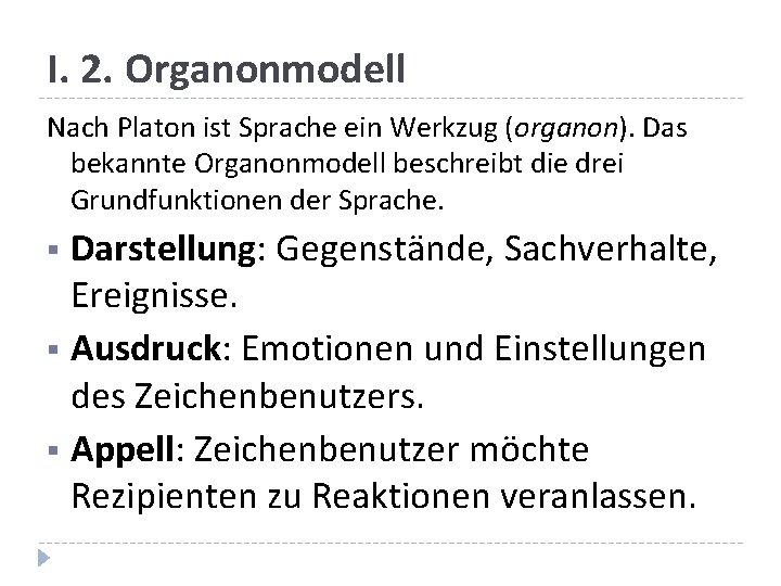 I. 2. Organonmodell Nach Platon ist Sprache ein Werkzug (organon). Das bekannte Organonmodell beschreibt