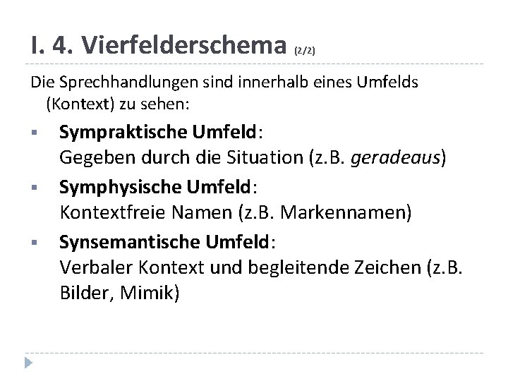 I. 4. Vierfelderschema (2/2) Die Sprechhandlungen sind innerhalb eines Umfelds (Kontext) zu sehen: §