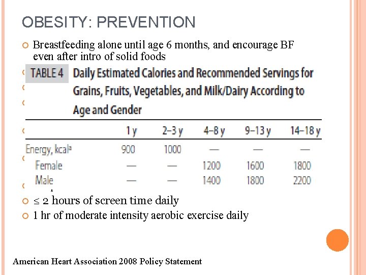 OBESITY: PREVENTION Breastfeeding alone until age 6 months, and encourage BF even after intro