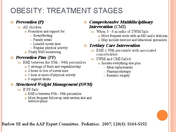 OBESITY: TREATMENT STAGES Prevention (P) All children Promotion and support for: Breastfeeding Family meals