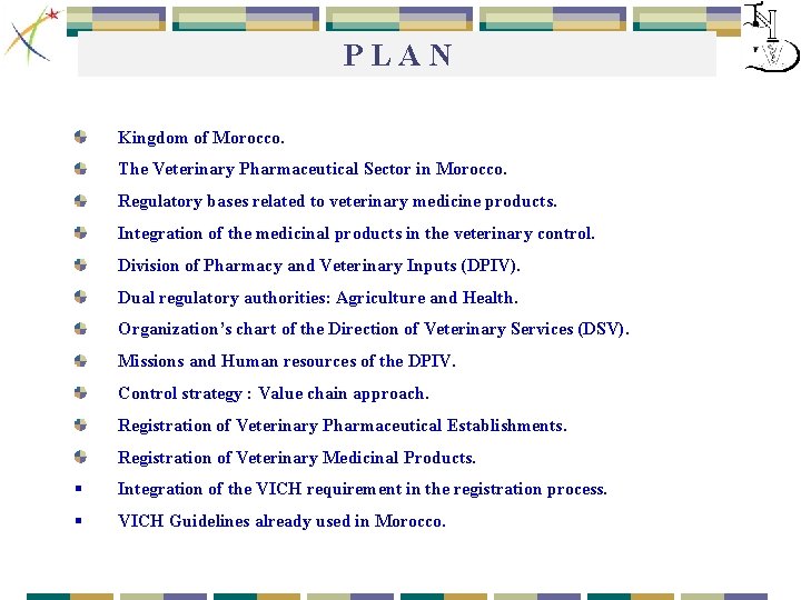 P L A N Kingdom of Morocco. The Veterinary Pharmaceutical Sector in Morocco. Regulatory