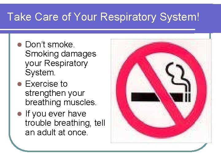 Take Care of Your Respiratory System! Don’t smoke. Smoking damages your Respiratory System. l