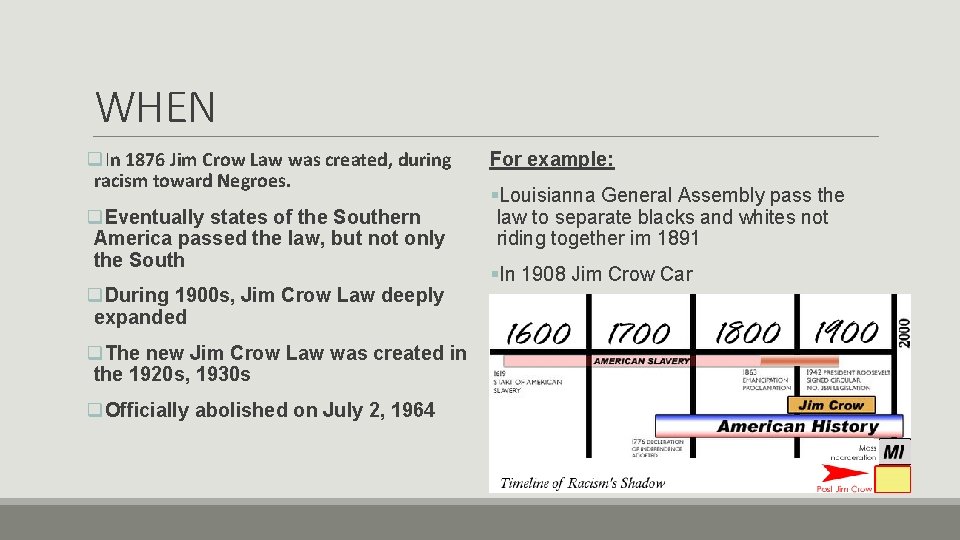 WHEN q. In 1876 Jim Crow Law was created, during racism toward Negroes. q.