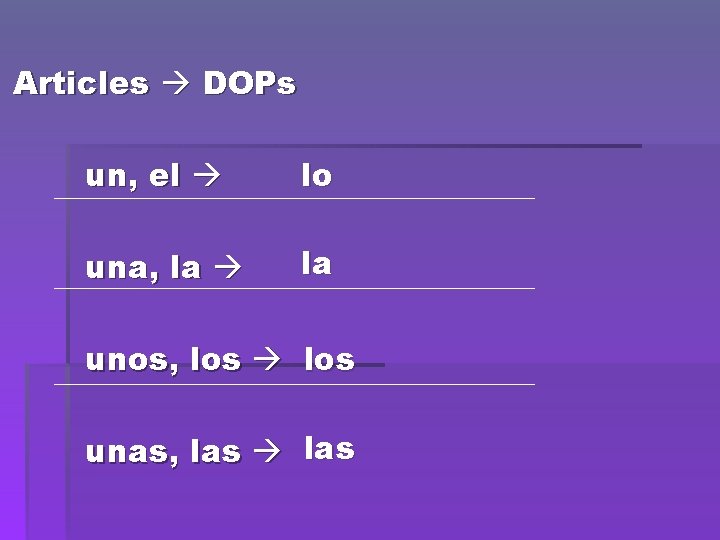 Articles DOPs un, el lo una, la unos, los unas, las 