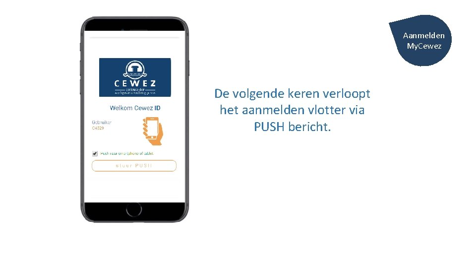 Aanmelden My. Cewez De volgende keren verloopt het aanmelden vlotter via PUSH bericht. 