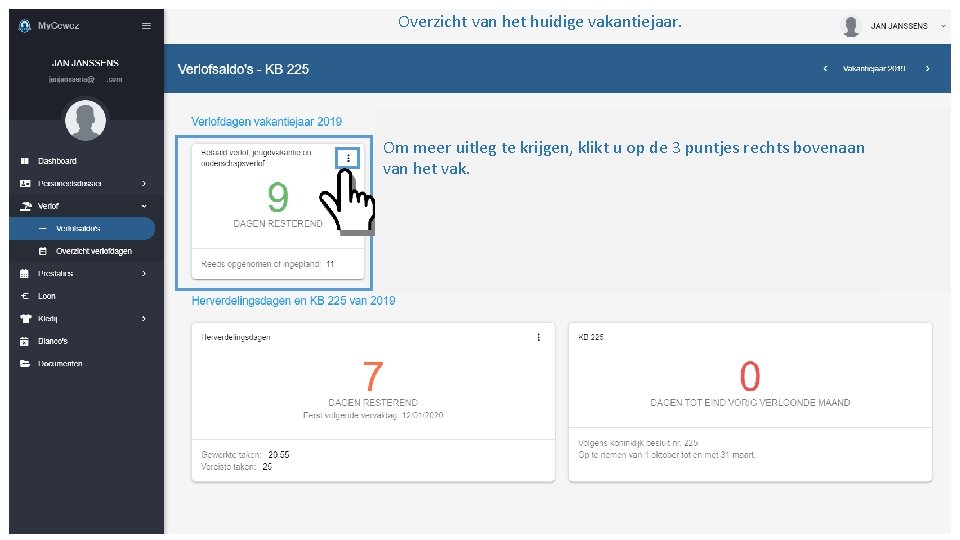 Overzicht van het huidige vakantiejaar. Om meer uitleg te krijgen, klikt u op de