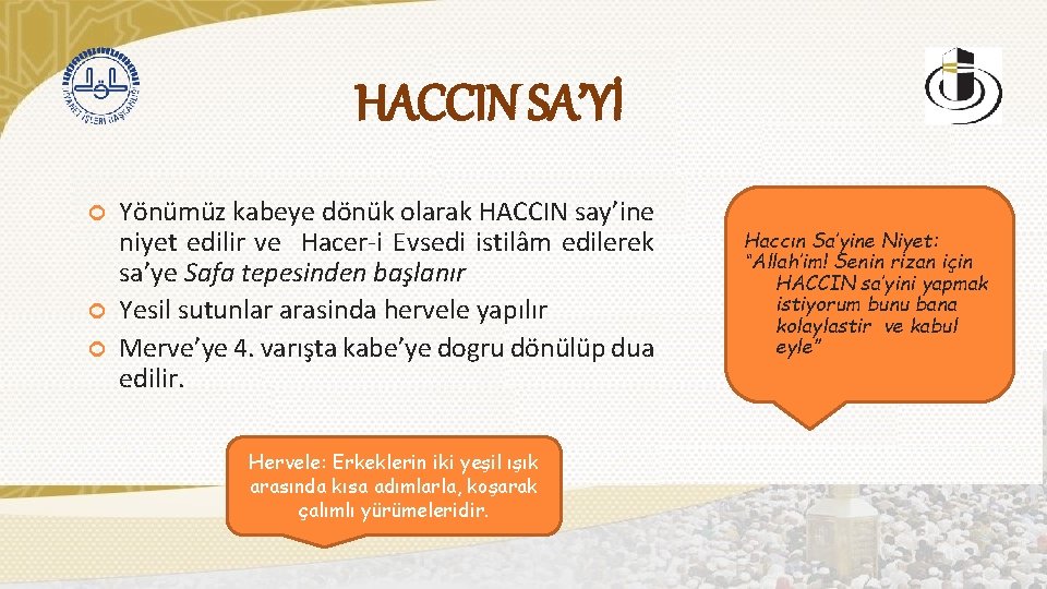 HACCIN SA’Yİ Yönümüz kabeye dönük olarak HACCIN say’ine niyet edilir ve Hacer-i Evsedi istilâm