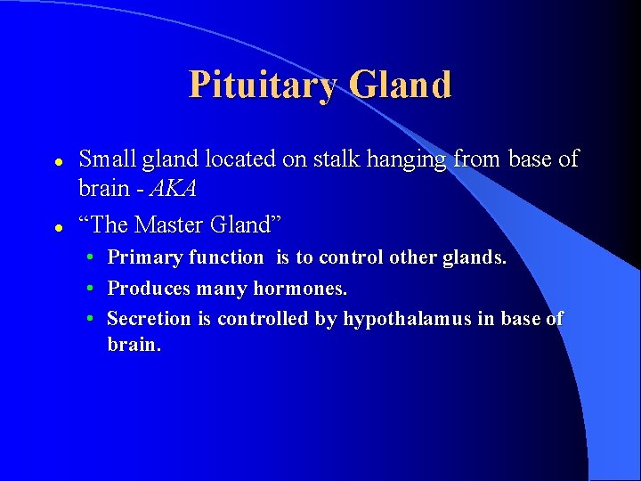Pituitary Gland l l Small gland located on stalk hanging from base of brain
