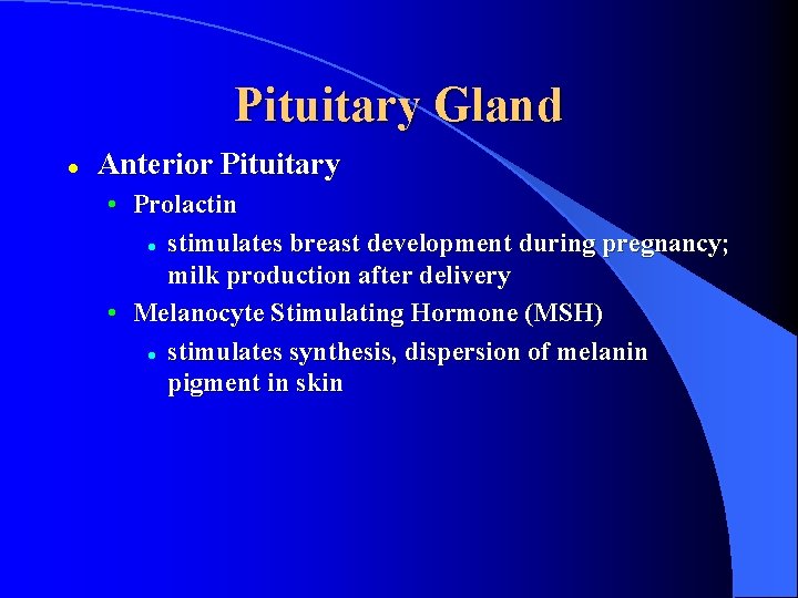 Pituitary Gland l Anterior Pituitary • Prolactin l stimulates breast development during pregnancy; milk