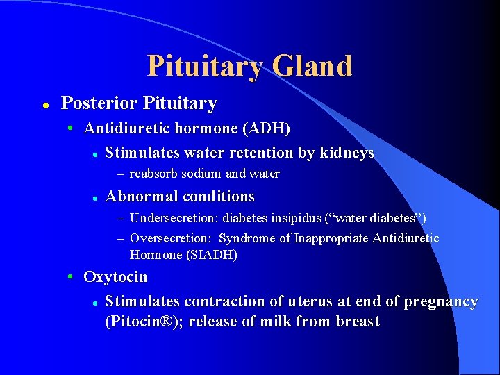 Pituitary Gland l Posterior Pituitary • Antidiuretic hormone (ADH) l Stimulates water retention by