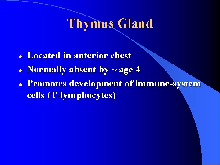 Thymus Gland l l l Located in anterior chest Normally absent by ~ age