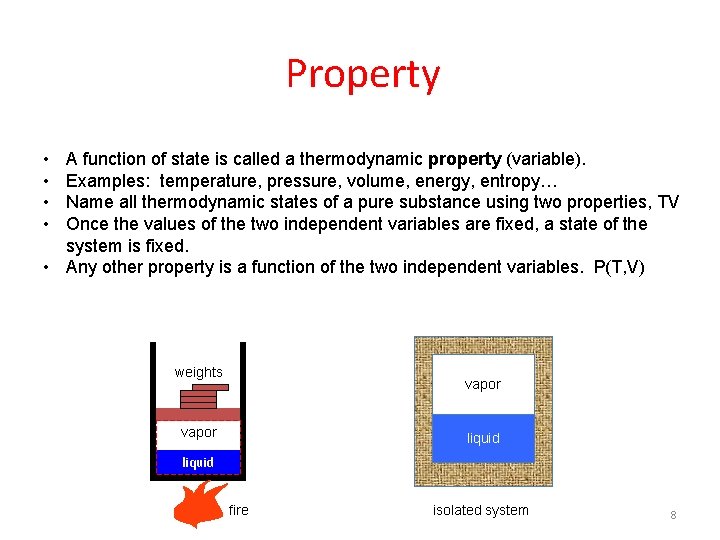 Property • • A function of state is called a thermodynamic property (variable). Examples:
