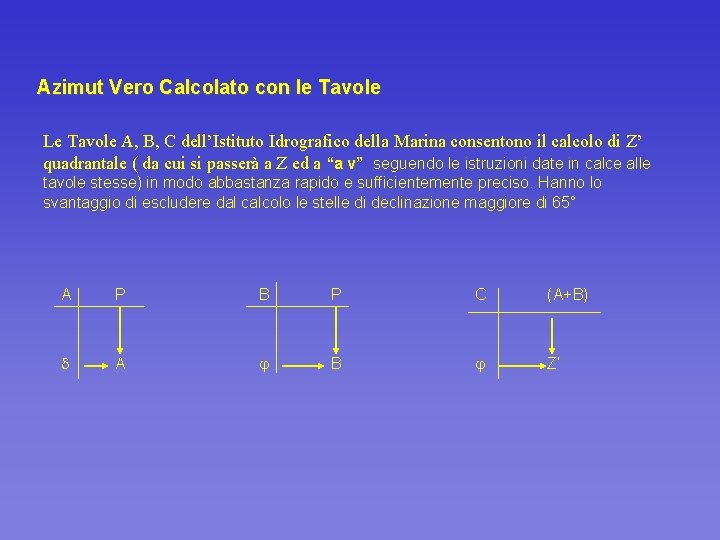 Azimut Vero Calcolato con le Tavole Le Tavole A, B, C dell’Istituto Idrografico della