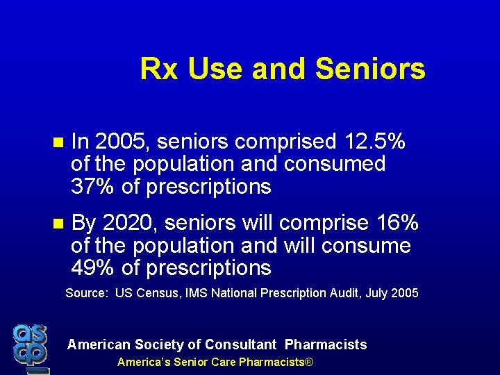 Rx Use and Seniors In 2005, seniors comprised 12. 5% of the population and