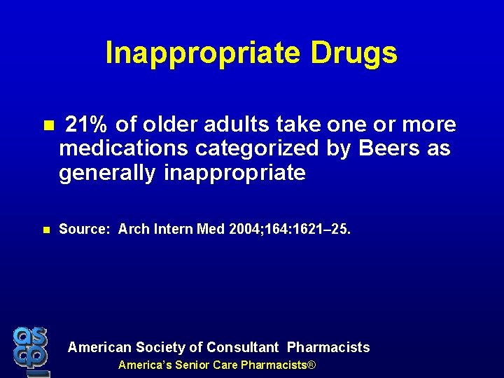Inappropriate Drugs 21% of older adults take one or more medications categorized by Beers