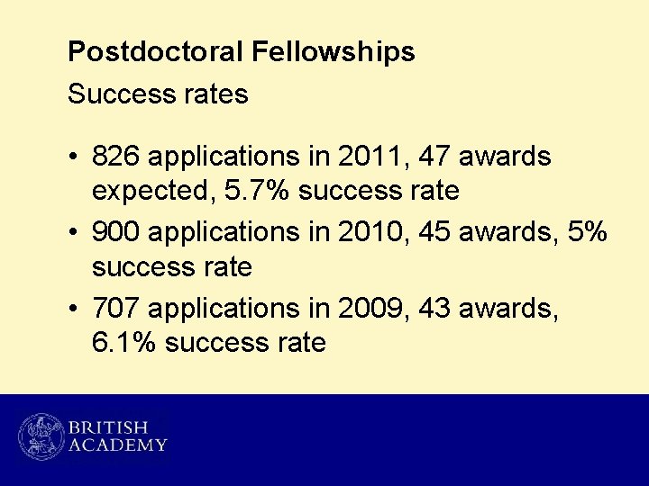 Postdoctoral Fellowships Success rates • 826 applications in 2011, 47 awards expected, 5. 7%