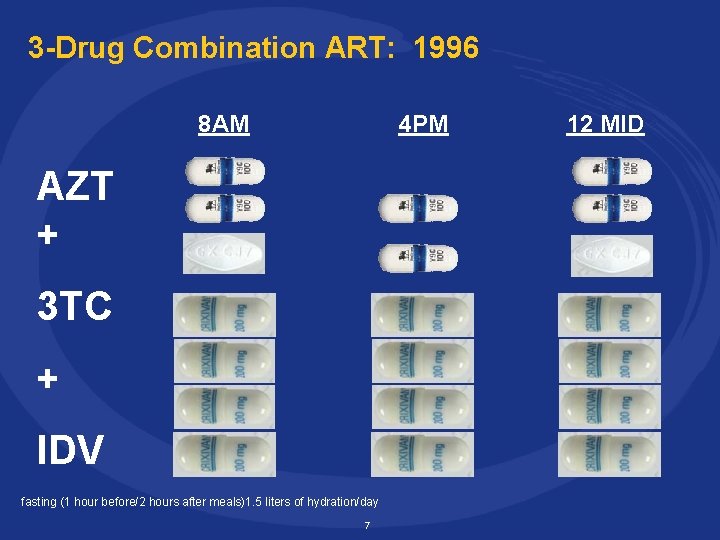 3 -Drug Combination ART: 1996 8 AM 4 PM AZT + 3 TC +