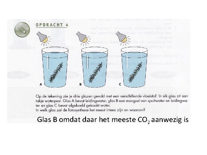 Glas B omdat daar het meeste CO 2 aanwezig is 