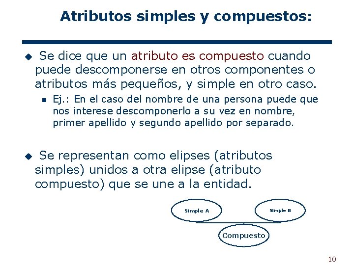 Atributos simples y compuestos: u Se dice que un atributo es compuesto cuando puede