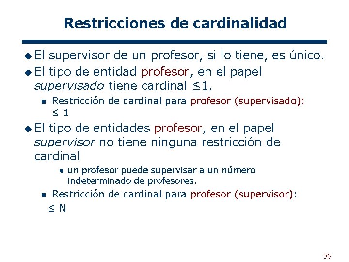 Restricciones de cardinalidad u El supervisor de un profesor, si lo tiene, es único.