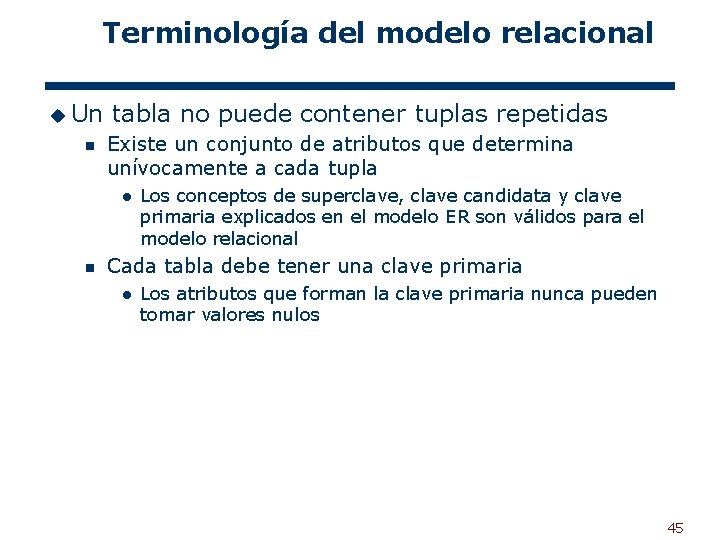Terminología del modelo relacional u Un n tabla no puede contener tuplas repetidas Existe