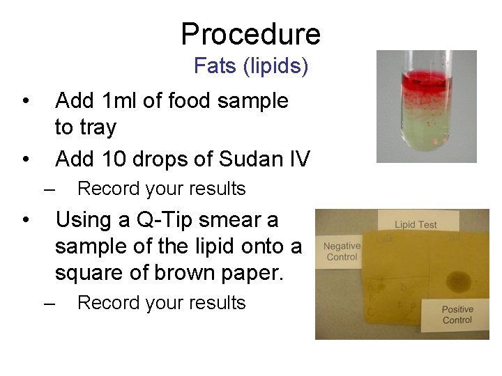 Procedure Fats (lipids) • Add 1 ml of food sample to tray Add 10