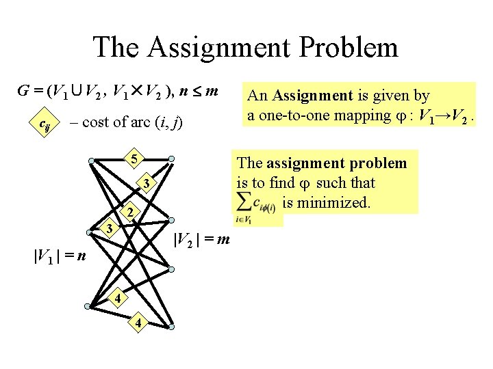 The Assignment Problem G = (V 1∪V 2 , V 1×V 2 ), n The Assignment Problem G = (V 1∪V 2 , V 1×V 2 ), n