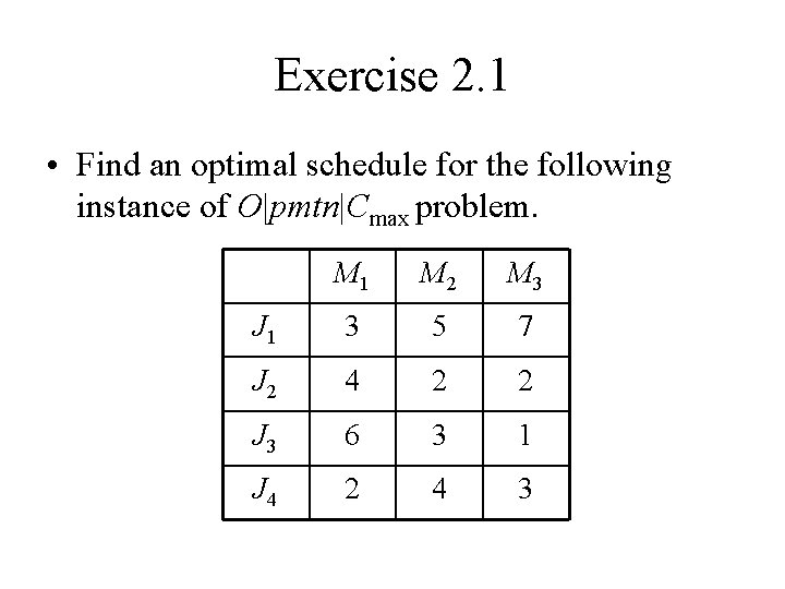 Exercise 2. 1 • Find an optimal schedule for the following instance of O|pmtn|Cmax Exercise 2. 1 • Find an optimal schedule for the following instance of O|pmtn|Cmax
