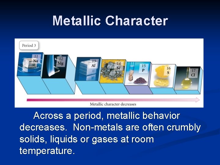 Metallic Character Across a period, metallic behavior decreases. Non-metals are often crumbly solids, liquids