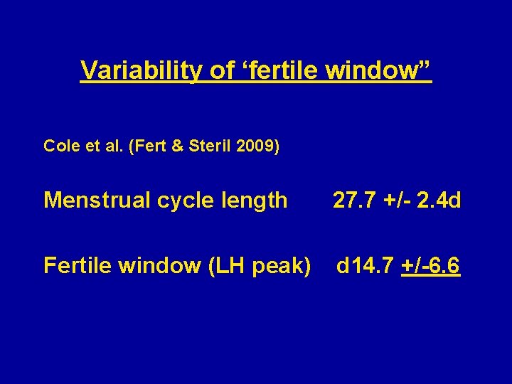 Variability of ‘fertile window” Cole et al. (Fert & Steril 2009) Menstrual cycle length