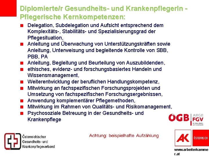 Diplomierte/r Gesundheits- und Krankenpfleger. In Pflegerische Kernkompetenzen: Delegation, Subdelegation und Aufsicht entsprechend dem Komplexitäts-,