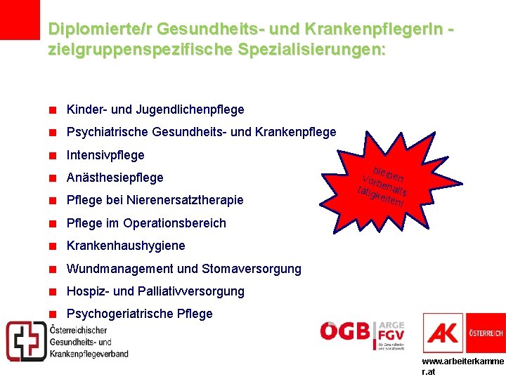 Diplomierte/r Gesundheits- und Krankenpfleger. In zielgruppenspezifische Spezialisierungen: Kinder- und Jugendlichenpflege Psychiatrische Gesundheits- und Krankenpflege