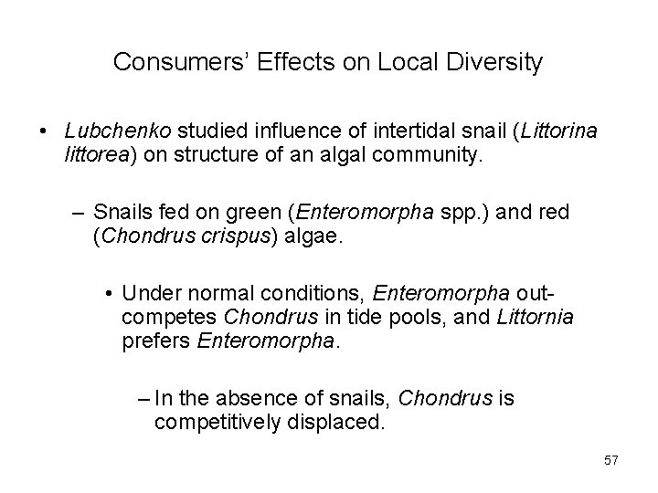 Consumers’ Effects on Local Diversity • Lubchenko studied influence of intertidal snail (Littorina littorea)