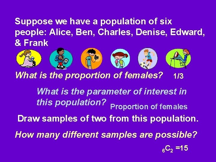 Suppose we have a population of six people: Alice, Ben, Charles, Denise, Edward, &