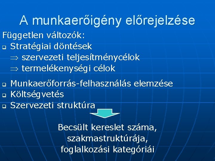 A munkaerőigény előrejelzése Független változók: q Stratégiai döntések szervezeti teljesítménycélok termelékenységi célok q q