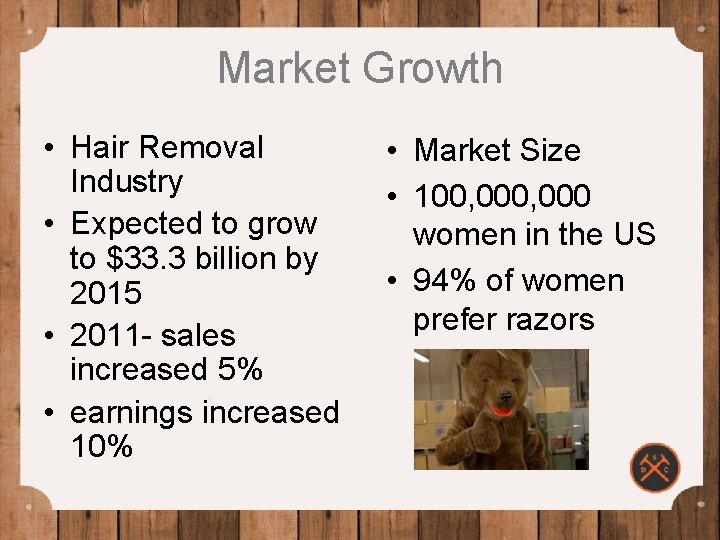 Market Growth • Hair Removal Industry • Expected to grow to $33. 3 billion