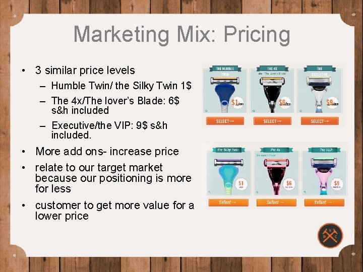 Marketing Mix: Pricing • 3 similar price levels – Humble Twin/ the Silky Twin