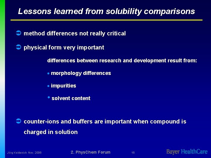 Lessons learned from solubility comparisons Ü method differences not really critical Ü physical form