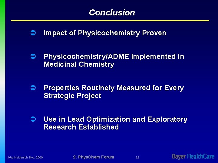 Conclusion Ü Impact of Physicochemistry Proven Ü Physicochemistry/ADME Implemented in Medicinal Chemistry Ü Properties