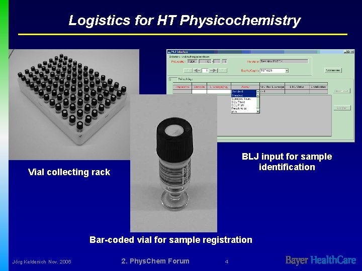 Logistics for HT Physicochemistry BLJ input for sample identification Vial collecting rack Bar-coded vial