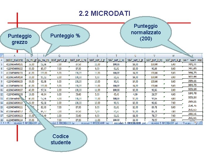 2. 2 MICRODATI Punteggio grezzo Punteggio % Codice studente Punteggio normalizzato (200) 