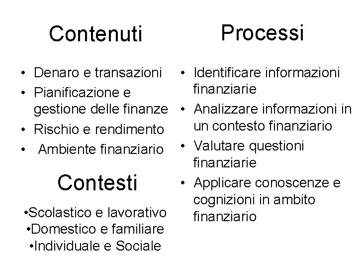 Contenuti Processi • Denaro e transazioni • Identificare informazioni finanziarie • Pianificazione e gestione