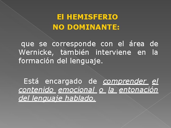 El HEMISFERIO NO DOMINANTE: que se corresponde con el área de Wernicke, también interviene