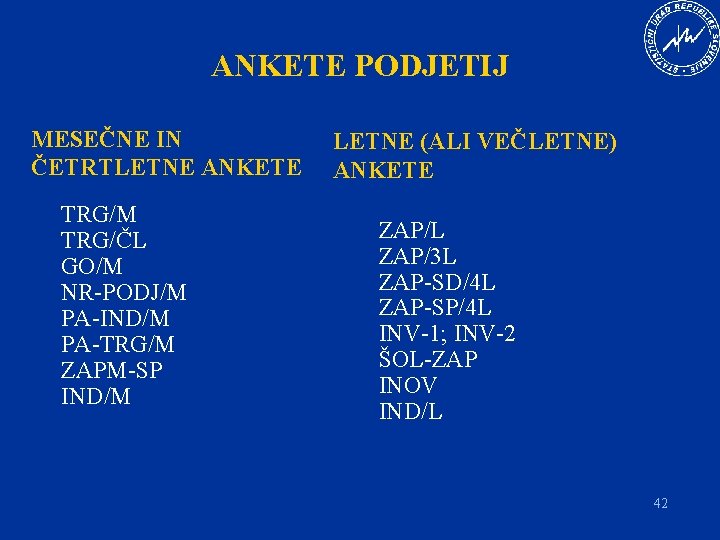 ANKETE PODJETIJ MESEČNE IN ČETRTLETNE ANKETE TRG/M TRG/ČL GO/M NR-PODJ/M PA-IND/M PA-TRG/M ZAPM-SP IND/M