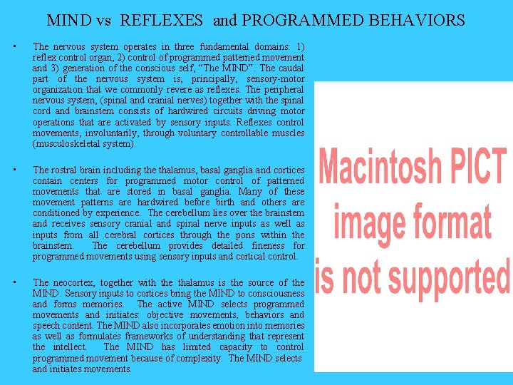 MIND vs REFLEXES and PROGRAMMED BEHAVIORS • The nervous system operates in three fundamental