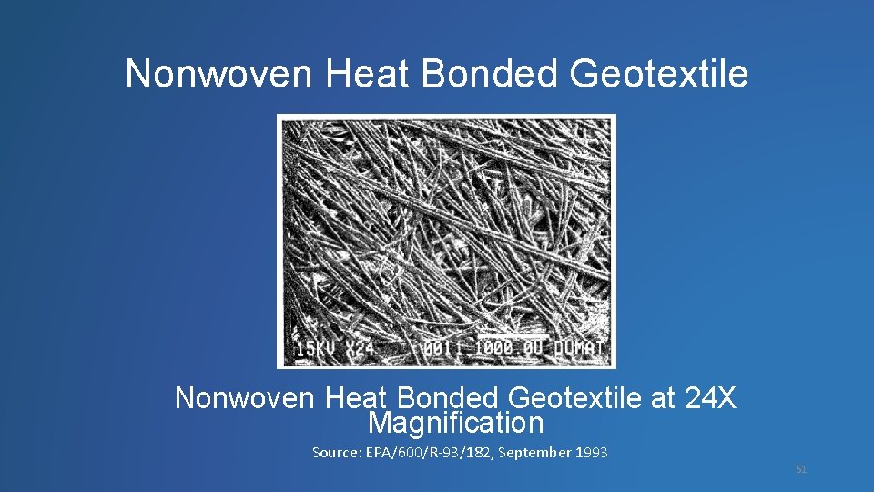 Nonwoven Heat Bonded Geotextile at 24 X Magnification Source: EPA/600/R-93/182, September 1993 51 